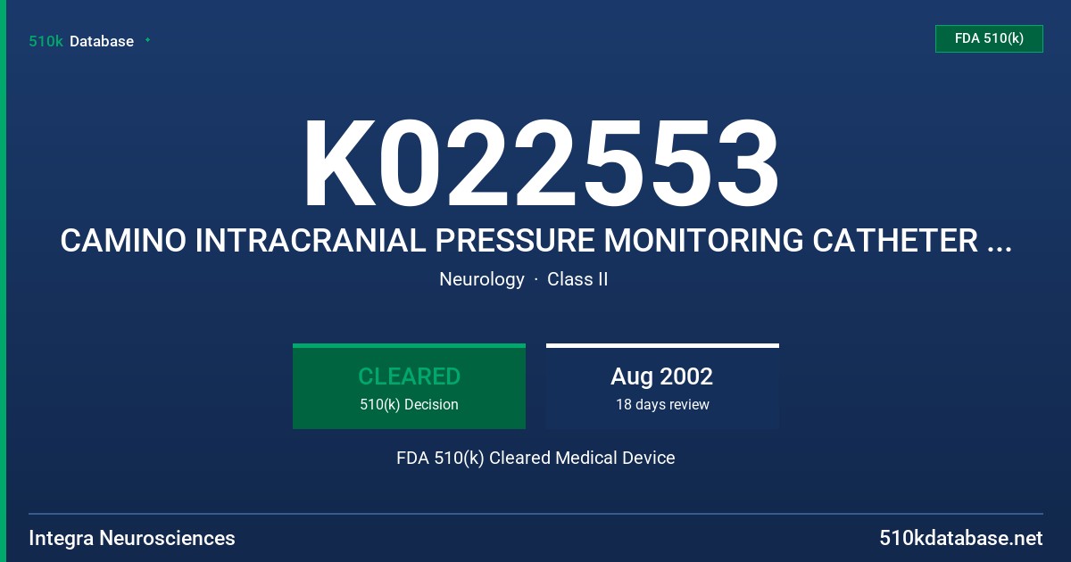 K022553 CAMINO INTRACRANIAL PRESSURE MONITORING CATHETER WITH LICOX IMC BOLT FITTING, MODEL 110-4L FDA 510(k) Cleared Medical Device