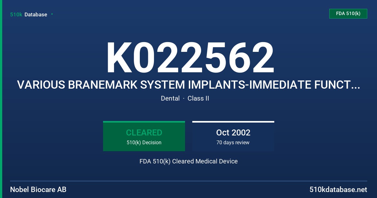 K022562 VARIOUS BRANEMARK SYSTEM IMPLANTS-IMMEDIATE FUNCTION INDICATION FDA 510(k) Cleared Medical Device