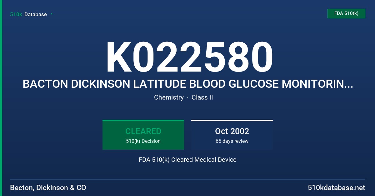 K022580 BACTON DICKINSON LATITUDE BLOOD GLUCOSE MONITORING SYSTEM FDA 510(k) Cleared Medical Device