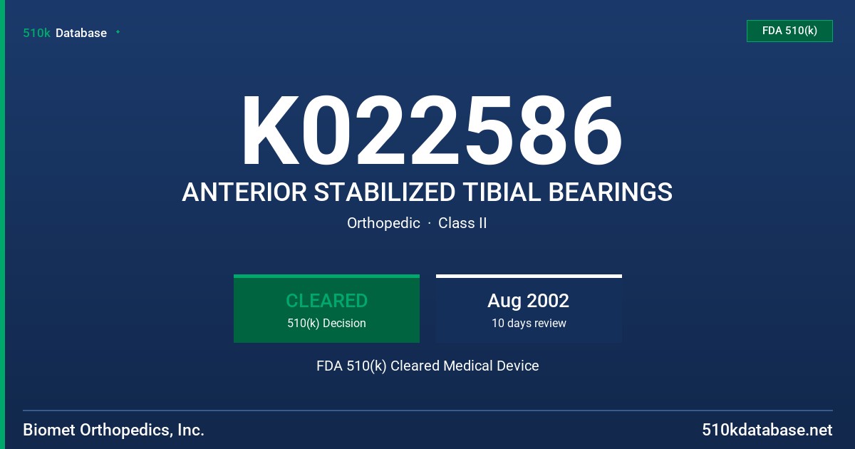 K022586 ANTERIOR STABILIZED TIBIAL BEARINGS FDA 510(k) Cleared Medical Device