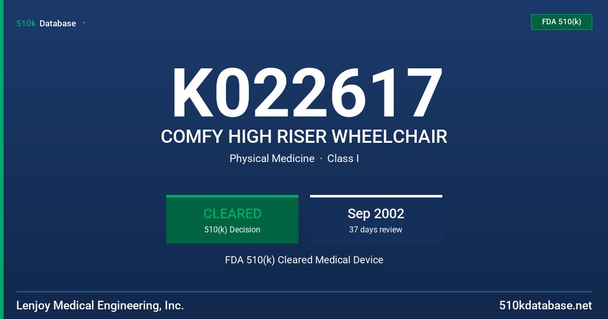 K022617 COMFY HIGH RISER WHEELCHAIR FDA 510(k) Cleared Medical Device