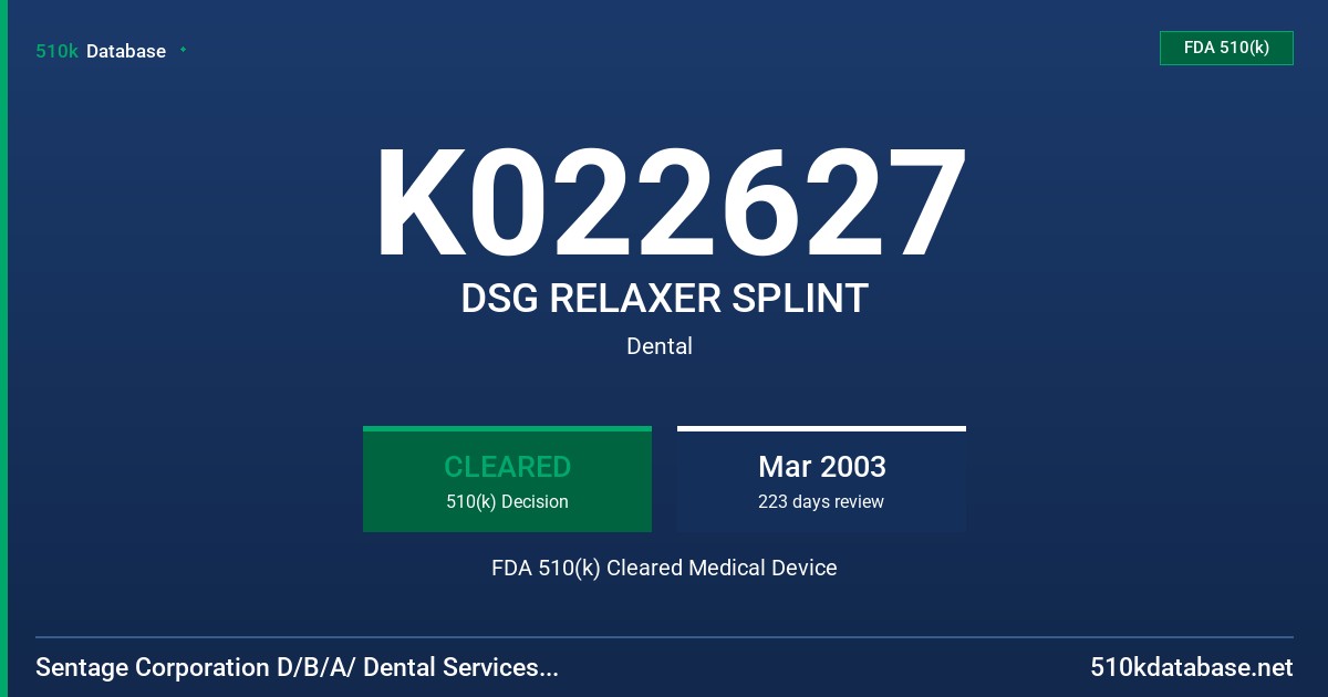 K022627 DSG RELAXER SPLINT FDA 510(k) Cleared Medical Device