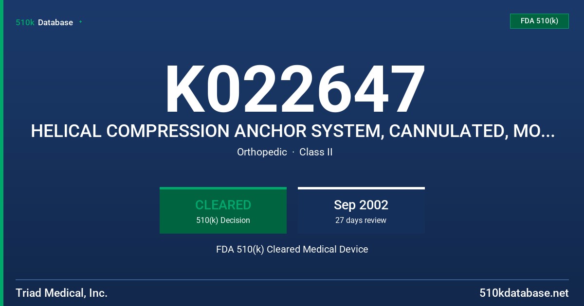 K022647 HELICAL COMPRESSION ANCHOR SYSTEM, CANNULATED, MODEL 7.3MM FDA 510(k) Cleared Medical Device