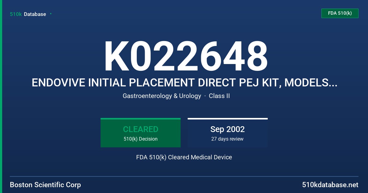 K022648 ENDOVIVE INITIAL PLACEMENT DIRECT PEJ KIT, MODELS 6520 & 6521 FDA 510(k) Cleared Medical Device