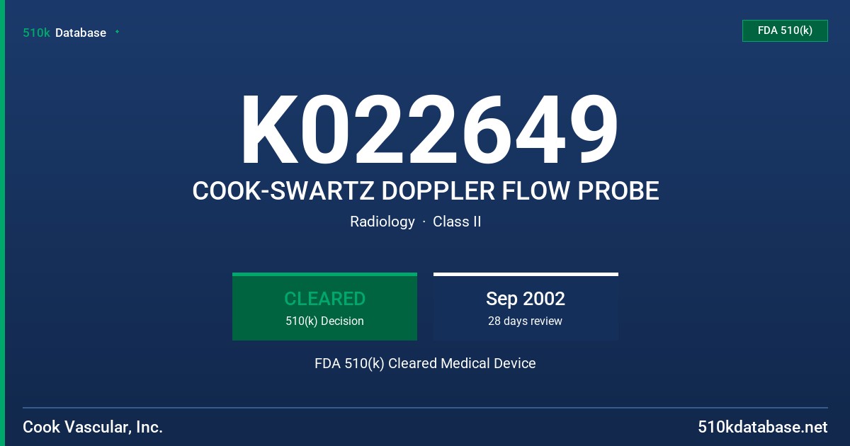 K022649 COOK-SWARTZ DOPPLER FLOW PROBE FDA 510(k) Cleared Medical Device