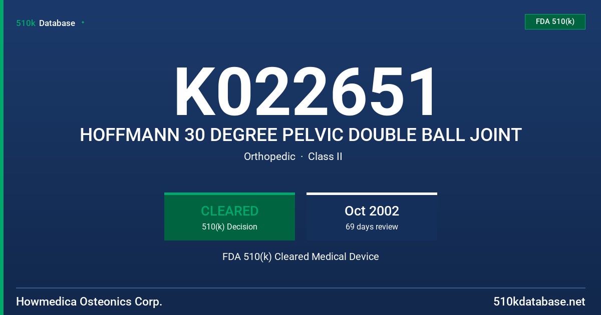 K022651 HOFFMANN 30 DEGREE PELVIC DOUBLE BALL JOINT FDA 510(k) Cleared Medical Device
