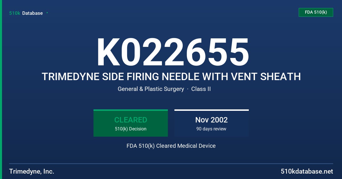 K022655 TRIMEDYNE SIDE FIRING NEEDLE WITH VENT SHEATH FDA 510(k) Cleared Medical Device