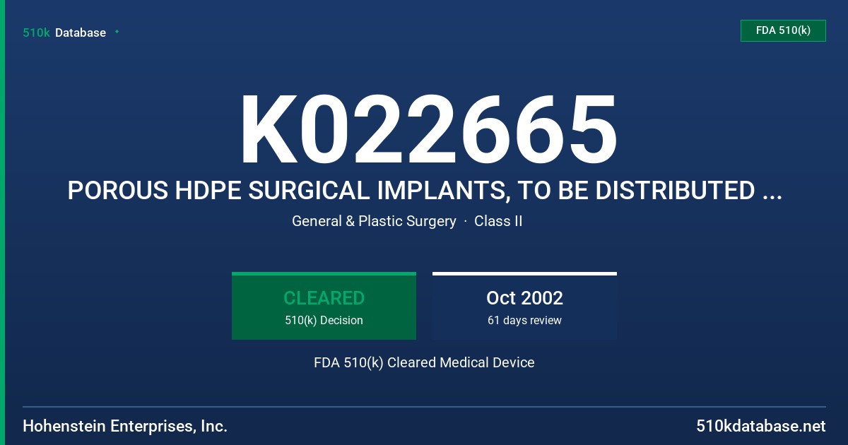 K022665 POROUS HDPE SURGICAL IMPLANTS, TO BE DISTRIBUTED UNDER VARIOUS TRADEMARKS INCLUDING EPOR, BIOPOR, MINOPOR & P-HDPE FDA 510(k) Cleared Medical Device