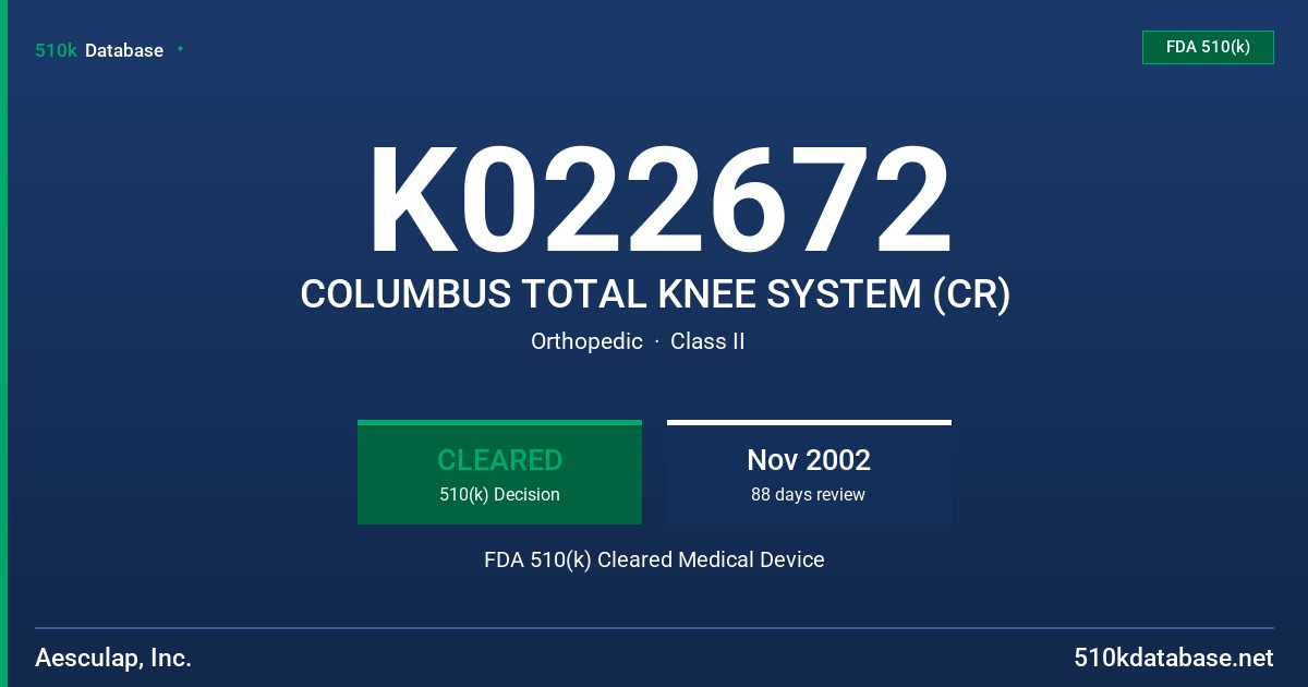 K022672 COLUMBUS TOTAL KNEE SYSTEM (CR) FDA 510(k) Cleared Medical Device
