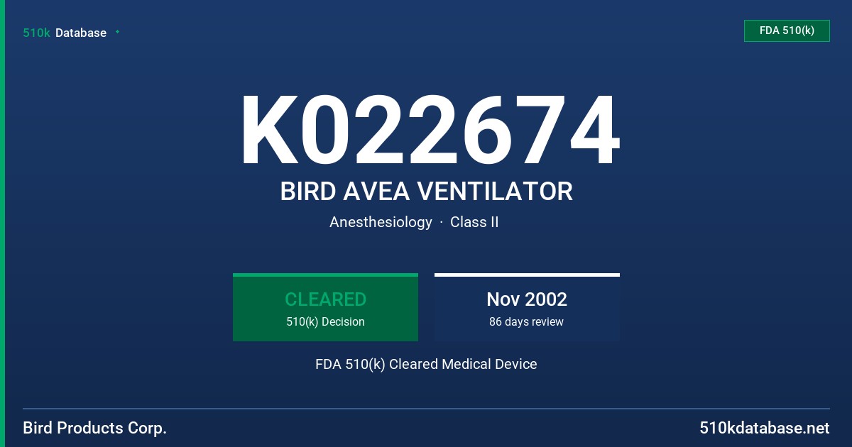 K022674 BIRD AVEA VENTILATOR FDA 510(k) Cleared Medical Device