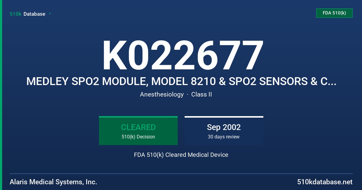 K022677 MEDLEY SPO2 MODULE, MODEL 8210 & SPO2 SENSORS & CABLE FDA 510(k) Cleared Medical Device