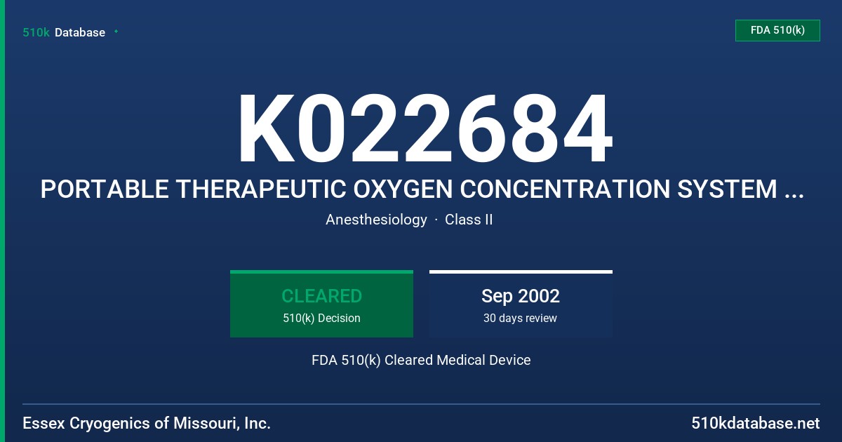 K022684 PORTABLE THERAPEUTIC OXYGEN CONCENTRATION SYSTEM (PTOCS) FDA 510(k) Cleared Medical Device