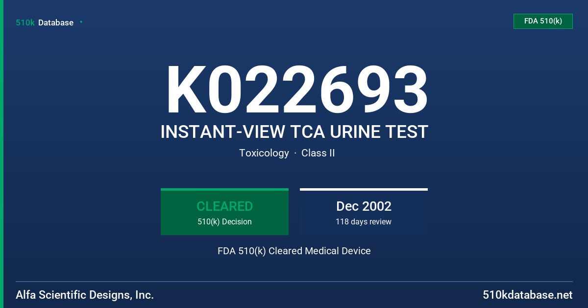 K022693 INSTANT-VIEW TCA URINE TEST FDA 510(k) Cleared Medical Device