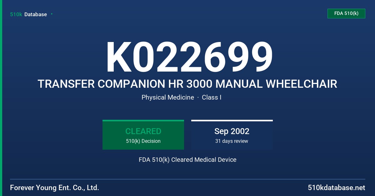K022699 TRANSFER COMPANION HR 3000 MANUAL WHEELCHAIR FDA 510(k) Cleared Medical Device