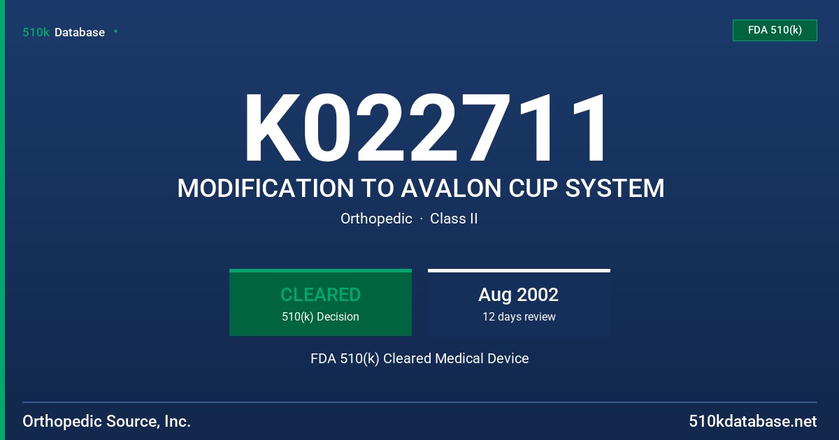 K022711 MODIFICATION TO AVALON CUP SYSTEM FDA 510(k) Cleared Medical Device