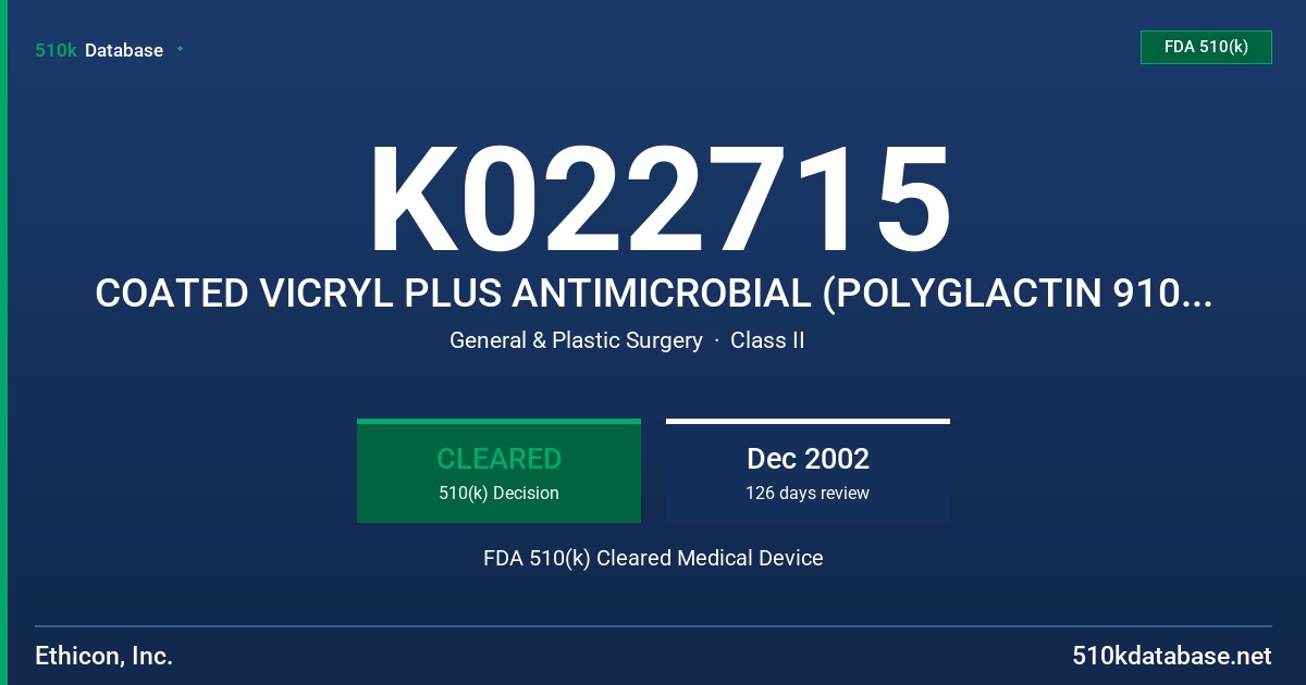 K022715 COATED VICRYL PLUS ANTIMICROBIAL (POLYGLACTIN 910) SUTURE FDA 510(k) Cleared Medical Device
