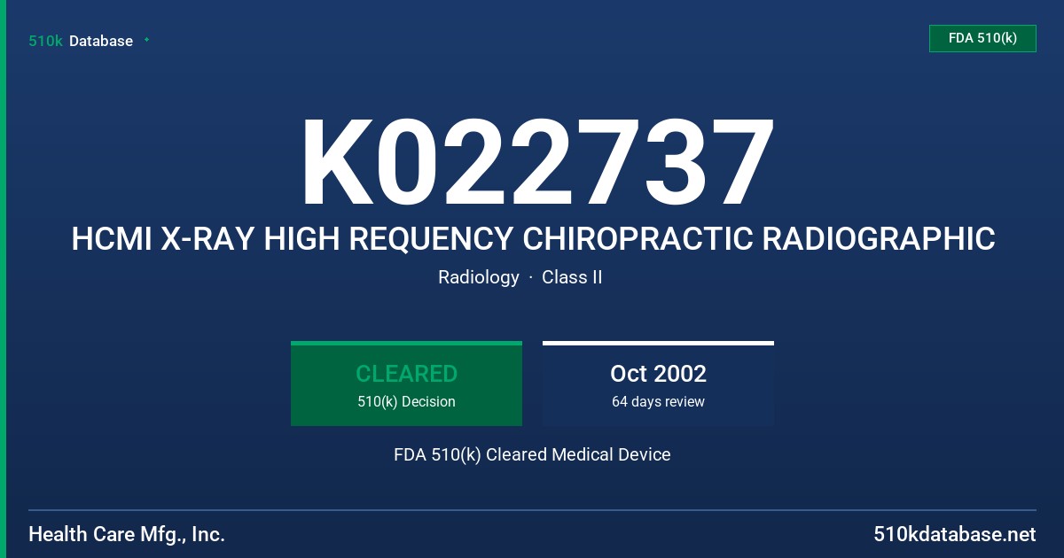 K022737 HCMI X-RAY HIGH REQUENCY CHIROPRACTIC RADIOGRAPHIC FDA 510(k) Cleared Medical Device