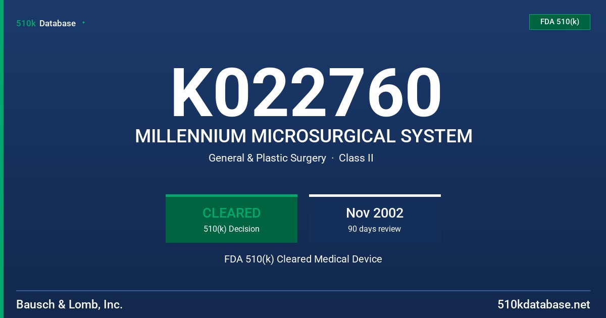 K022760 MILLENNIUM MICROSURGICAL SYSTEM FDA 510(k) Cleared Medical Device