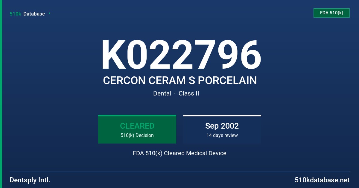 K022796 CERCON CERAM S PORCELAIN FDA 510(k) Cleared Medical Device