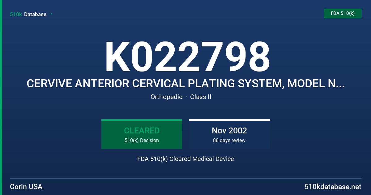 K022798 CERVIVE ANTERIOR CERVICAL PLATING SYSTEM, MODEL NUMBER 157.XXX SERIES CATALOGUE NUMBERS FDA 510(k) Cleared Medical Device