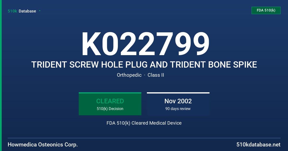 K022799 TRIDENT SCREW HOLE PLUG AND TRIDENT BONE SPIKE FDA 510(k) Cleared Medical Device