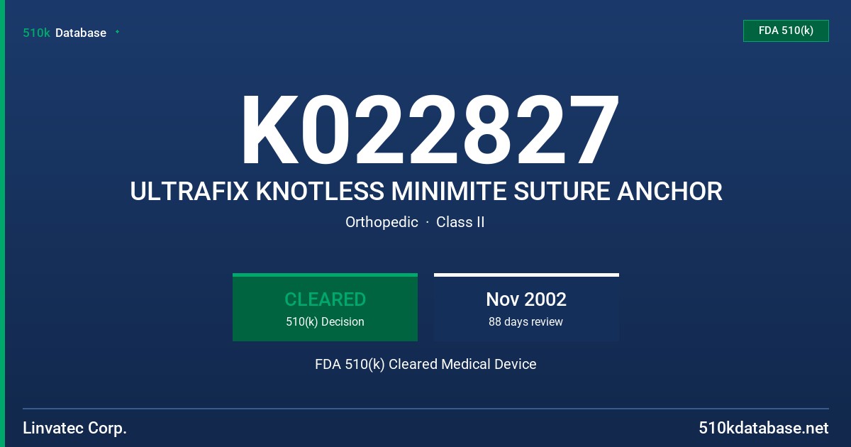 K022827 ULTRAFIX KNOTLESS MINIMITE SUTURE ANCHOR FDA 510(k) Cleared Medical Device