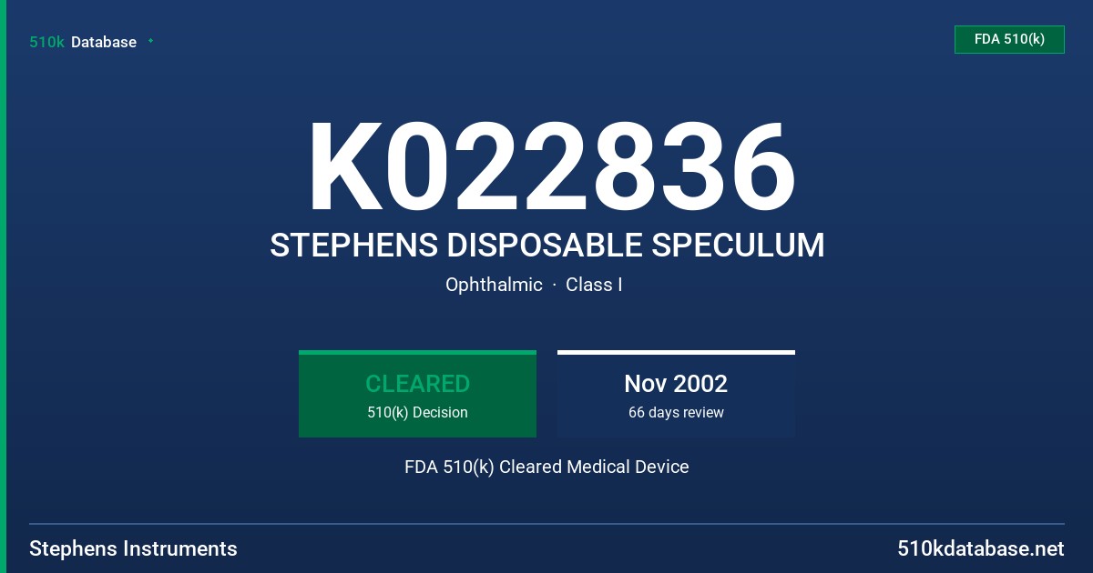 K022836 STEPHENS DISPOSABLE SPECULUM FDA 510(k) Cleared Medical Device