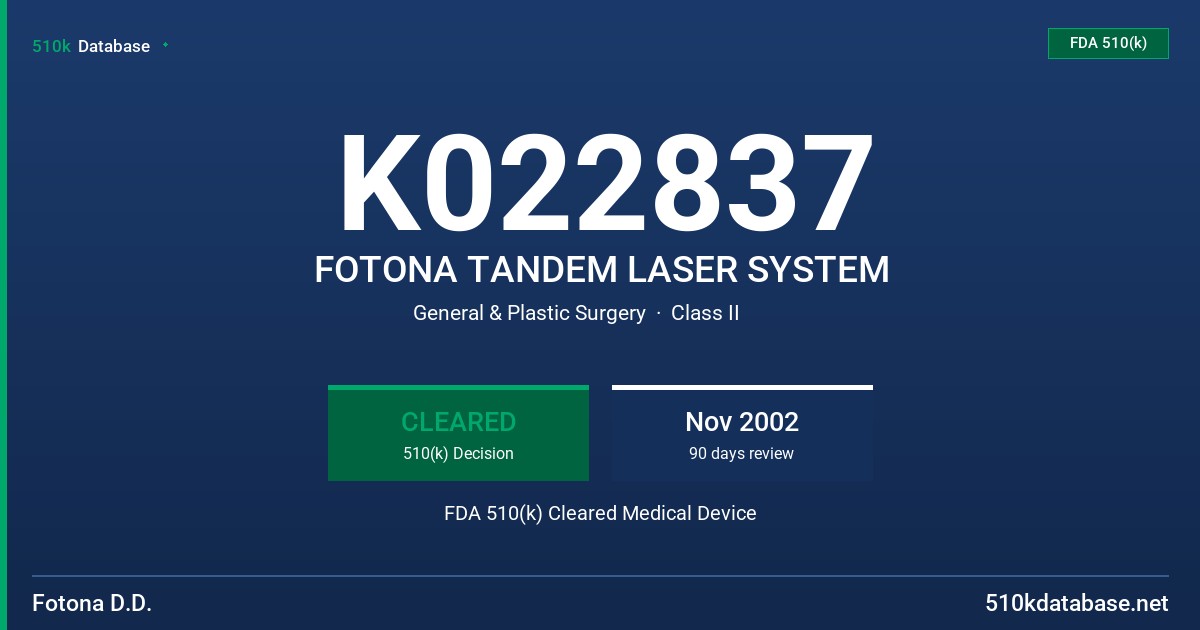 K022837 FOTONA TANDEM LASER SYSTEM FDA 510(k) Cleared Medical Device