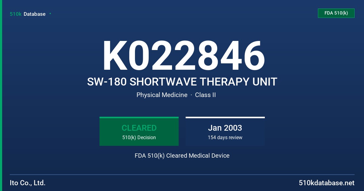 K022846 SW-180 SHORTWAVE THERAPY UNIT FDA 510(k) Cleared Medical Device