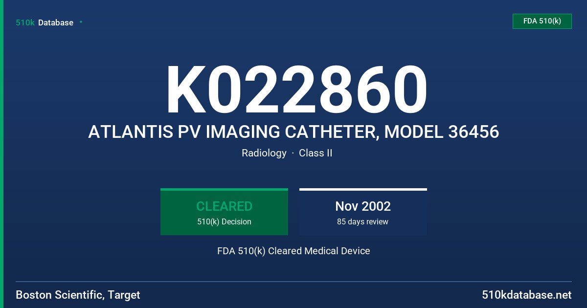 K022860 ATLANTIS PV IMAGING CATHETER, MODEL 36456 FDA 510(k) Cleared Medical Device