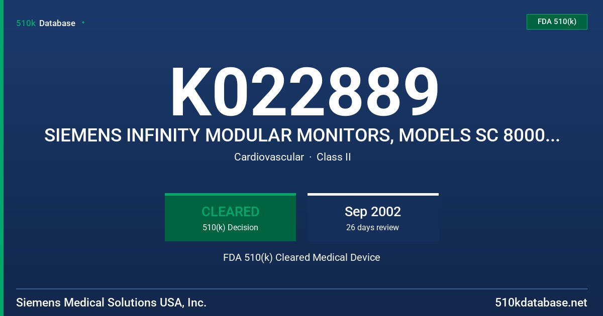 K022889 SIEMENS INFINITY MODULAR MONITORS, MODELS SC 8000, SC 7000 & SC 9000XL & SIEMENS INFINITY EXPLORER FDA 510(k) Cleared Medical Device