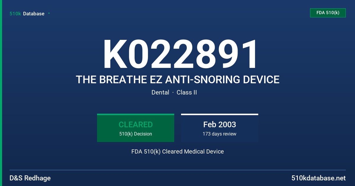 K022891 THE BREATHE EZ ANTI-SNORING DEVICE FDA 510(k) Cleared Medical Device