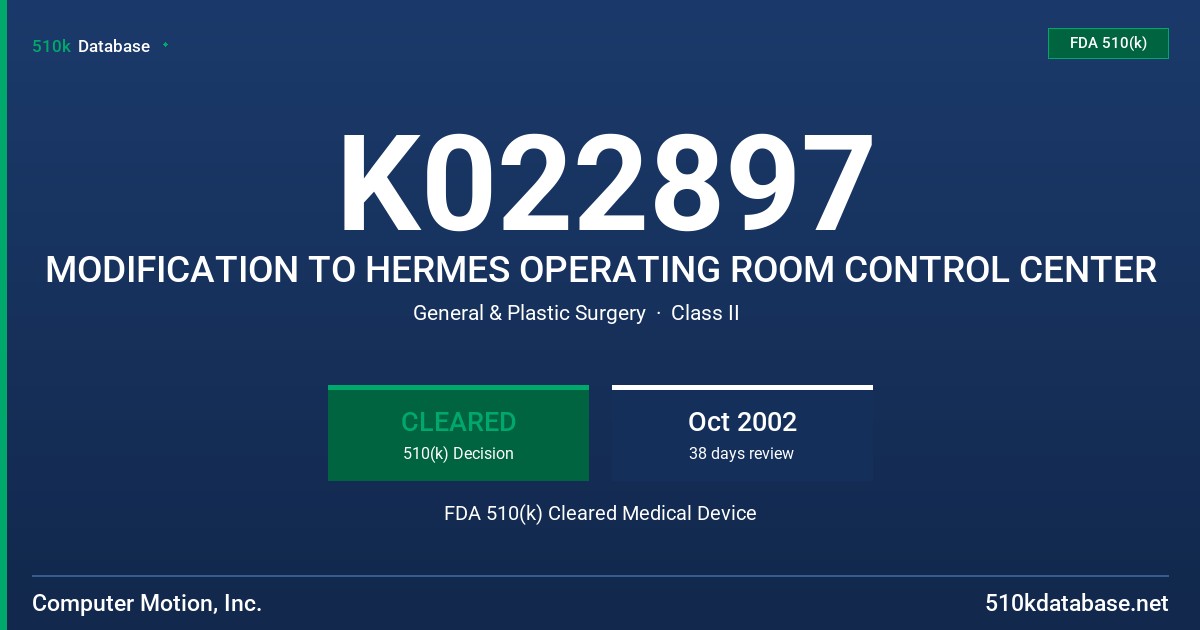 K022897 MODIFICATION TO HERMES OPERATING ROOM CONTROL CENTER FDA 510(k) Cleared Medical Device