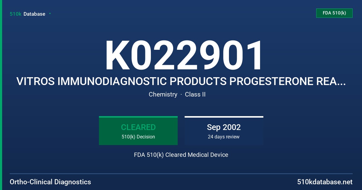 K022901 VITROS IMMUNODIAGNOSTIC PRODUCTS PROGESTERONE REAGENT PACK AND CALIBRATORS FDA 510(k) Cleared Medical Device