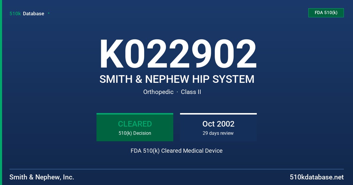 K022902 SMITH & NEPHEW HIP SYSTEM FDA 510(k) Cleared Medical Device