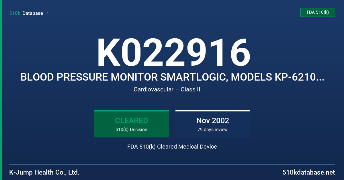 K022916 BLOOD PRESSURE MONITOR SMARTLOGIC, MODELS KP-6210 AND KP-6211 FDA 510(k) Cleared Medical Device