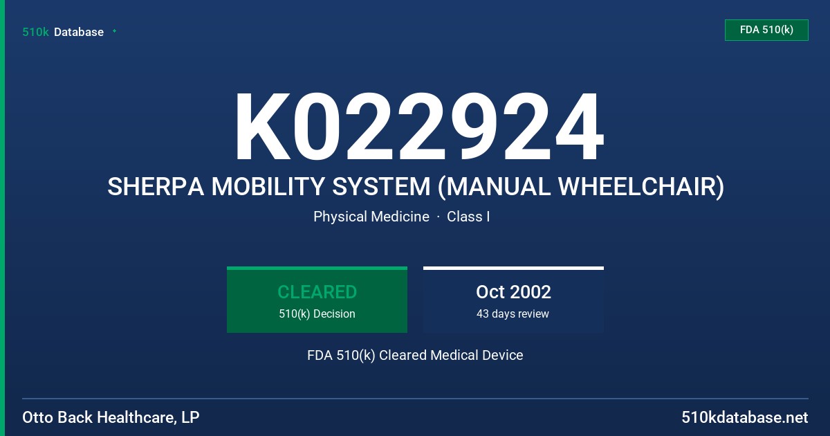 K022924 SHERPA MOBILITY SYSTEM (MANUAL WHEELCHAIR) FDA 510(k) Cleared Medical Device