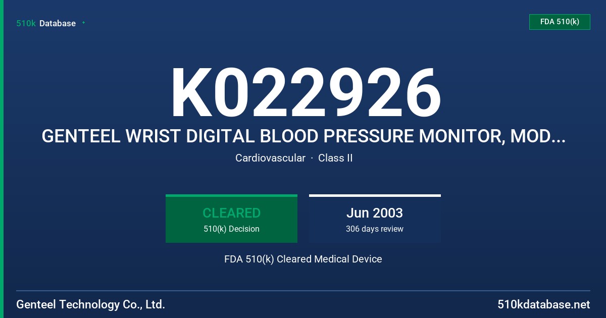 K022926 GENTEEL WRIST DIGITAL BLOOD PRESSURE MONITOR, MODEL BP-100 FDA 510(k) Cleared Medical Device