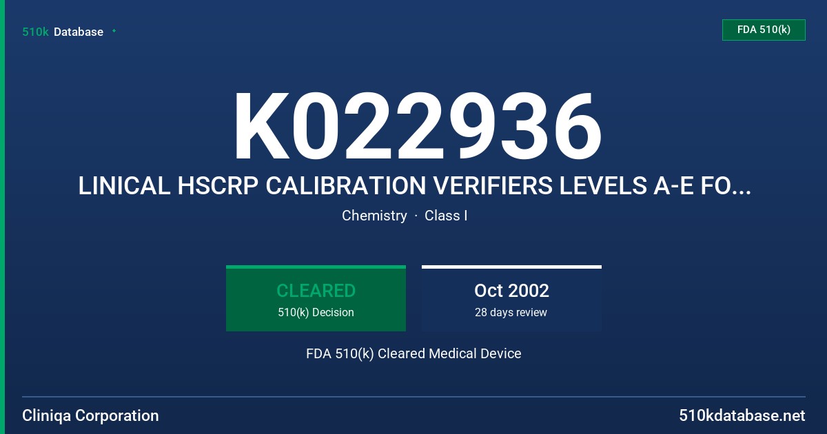 K022936 LINICAL HSCRP CALIBRATION VERIFIERS LEVELS A-E FOR BECKMAN COULTER IMMAGE FDA 510(k) Cleared Medical Device