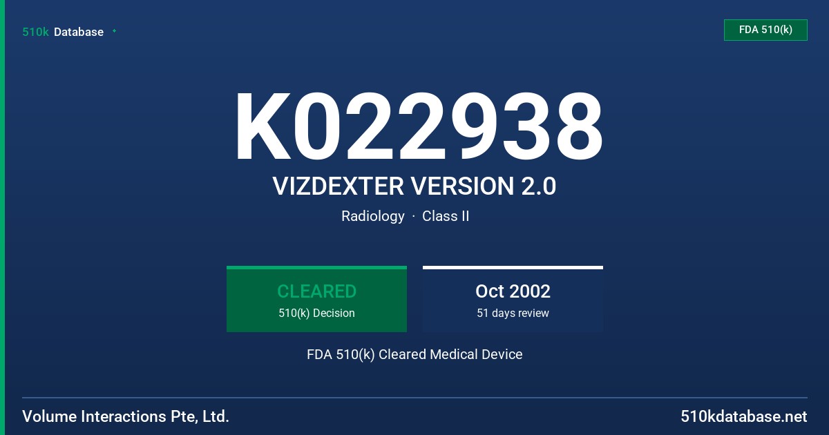 K022938 VIZDEXTER VERSION 2.0 FDA 510(k) Cleared Medical Device