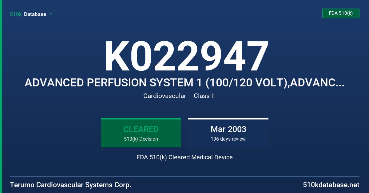 K022947 ADVANCED PERFUSION SYSTEM 1 (100/120 VOLT),ADVANCED PERFUSION SYSTEM 1 (220/240 VOLT, ROLLER PUMPS (6, 4 INCH FDA 510(k) Cleared Medical Device
