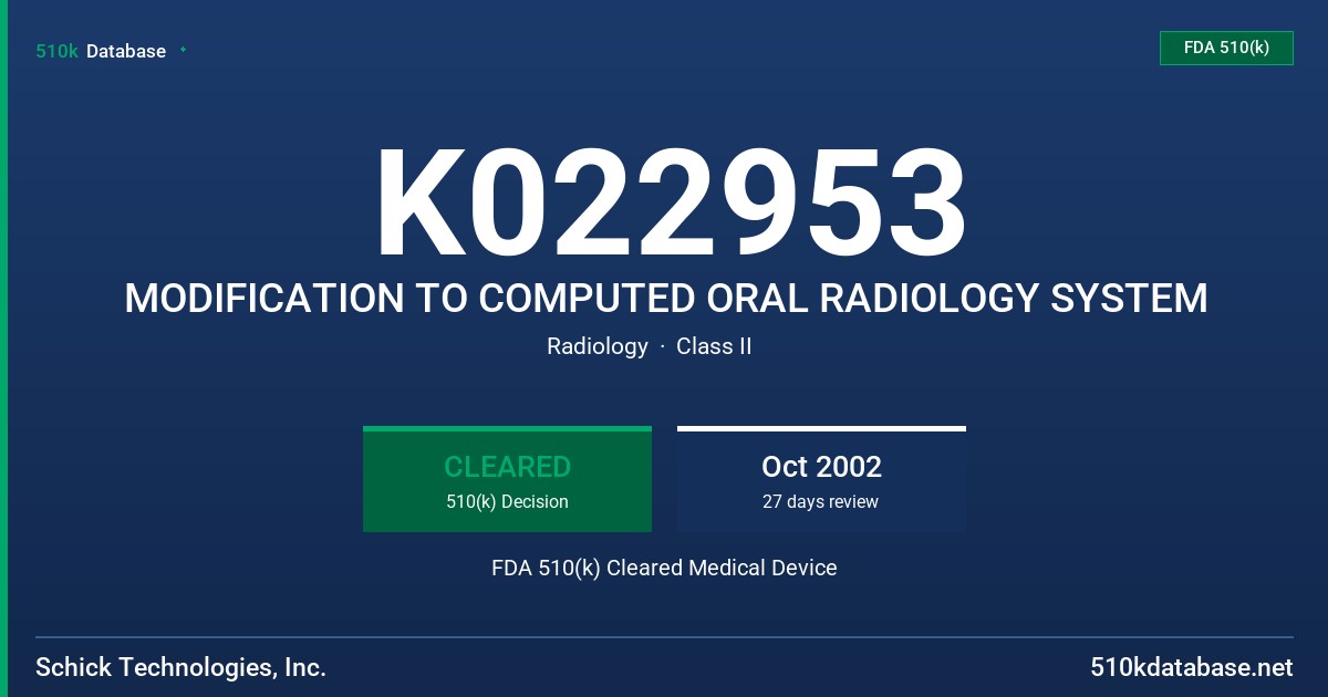 K022953 MODIFICATION TO COMPUTED ORAL RADIOLOGY SYSTEM FDA 510(k) Cleared Medical Device