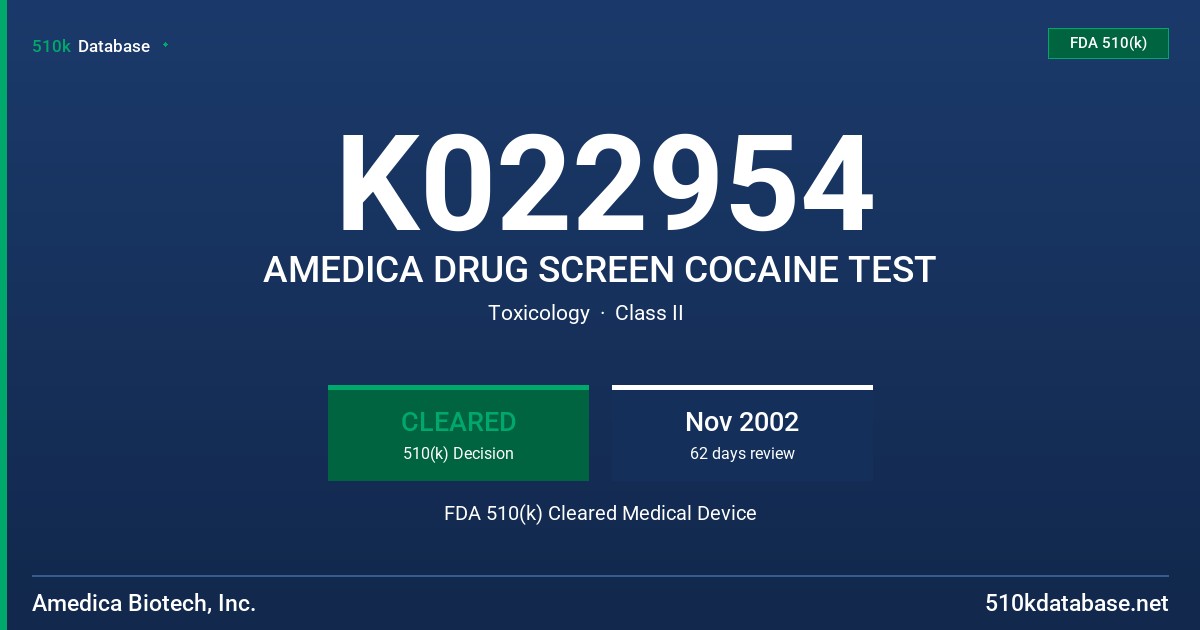K022954 AMEDICA DRUG SCREEN COCAINE TEST FDA 510(k) Cleared Medical Device