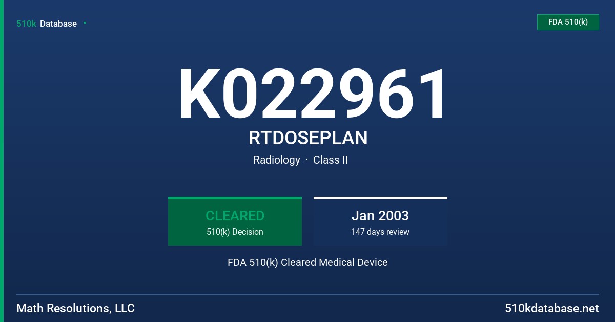K022961 RTDOSEPLAN FDA 510(k) Cleared Medical Device
