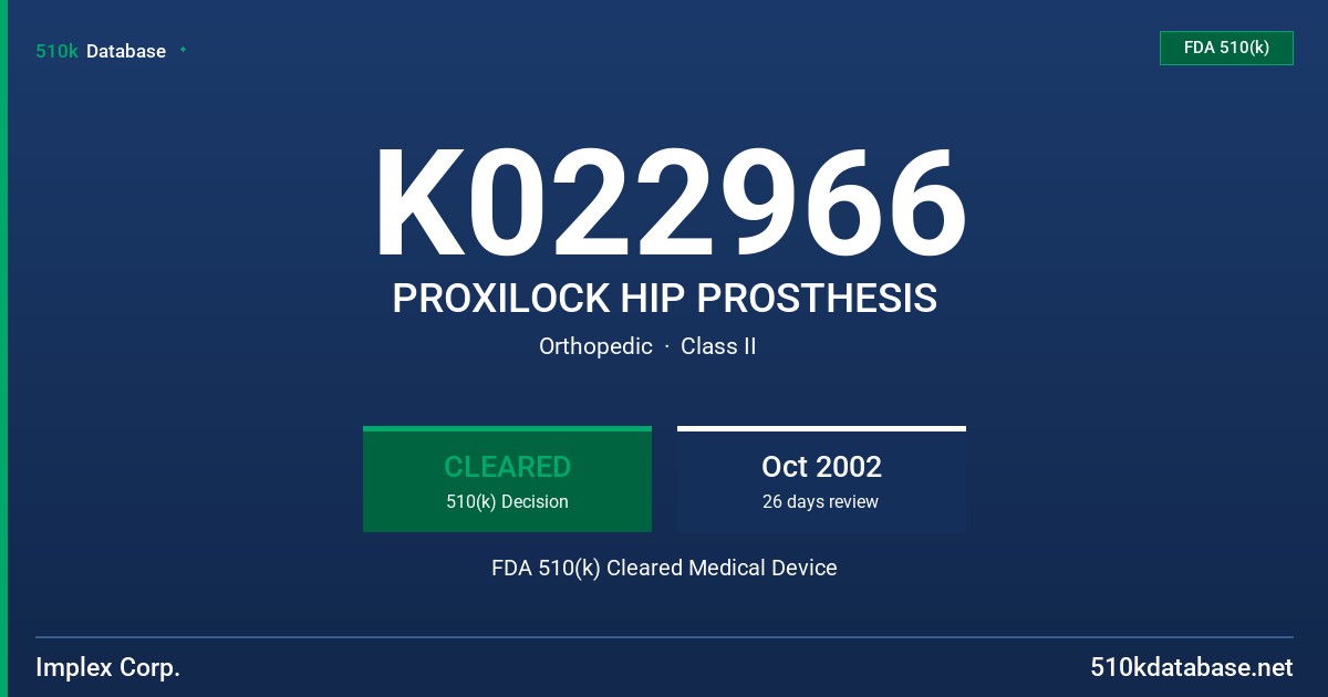 K022966 PROXILOCK HIP PROSTHESIS FDA 510(k) Cleared Medical Device