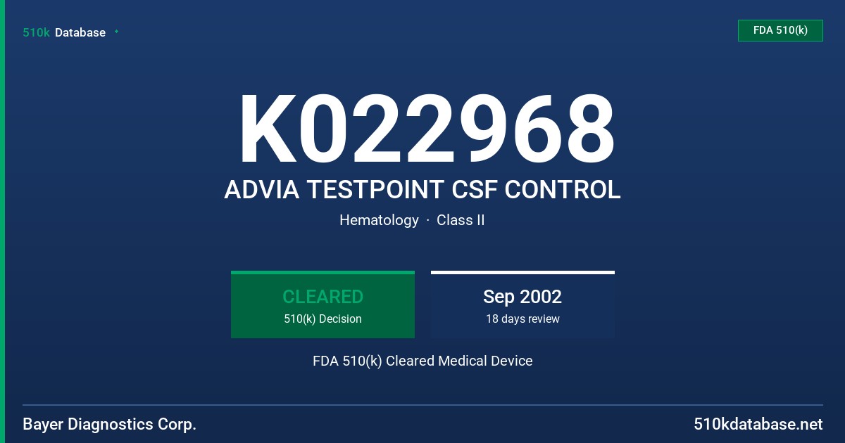 K022968 ADVIA TESTPOINT CSF CONTROL FDA 510(k) Cleared Medical Device