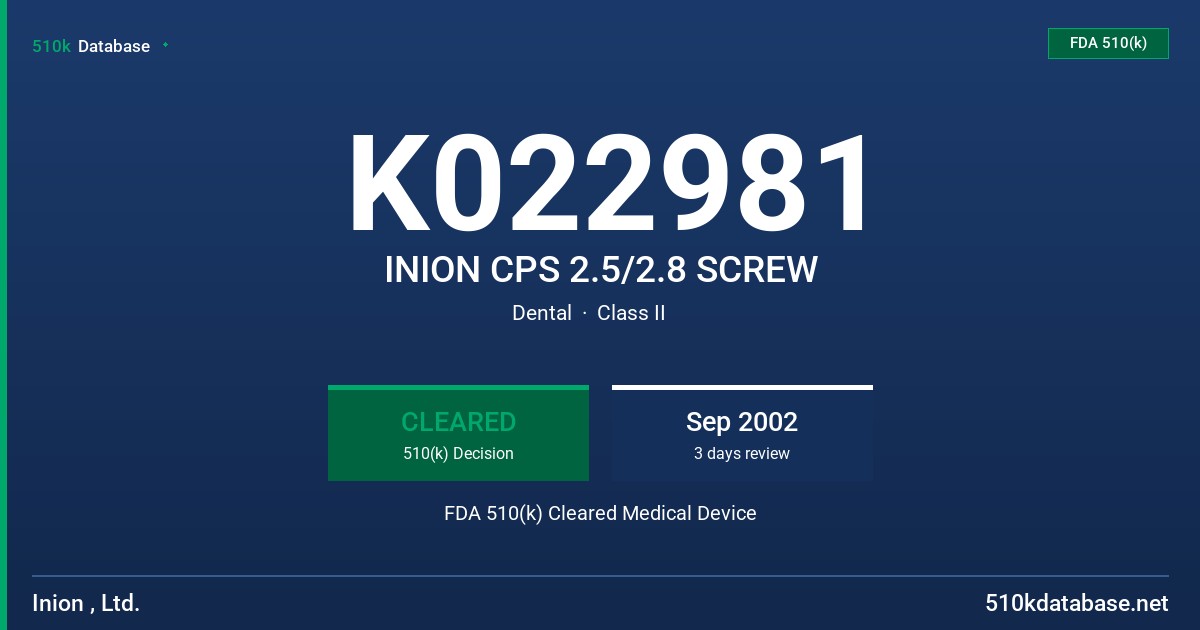 K022981 INION CPS 2.5/2.8 SCREW FDA 510(k) Cleared Medical Device