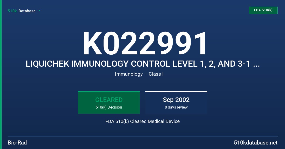 K022991 LIQUICHEK IMMUNOLOGY CONTROL LEVEL 1, 2, AND 3-1 ML, MODEL 591, 592, 593 FDA 510(k) Cleared Medical Device
