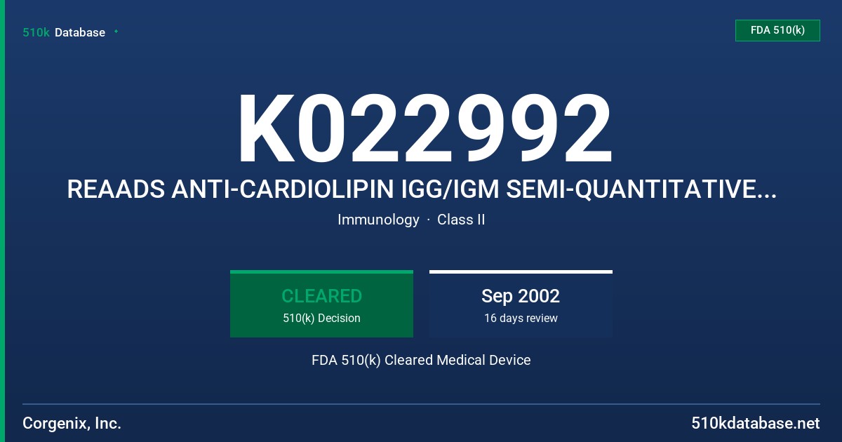 K022992 REAADS ANTI-CARDIOLIPIN IGG/IGM SEMI-QUANTITATIVE TEST KIT, MODEL 023-001 FDA 510(k) Cleared Medical Device