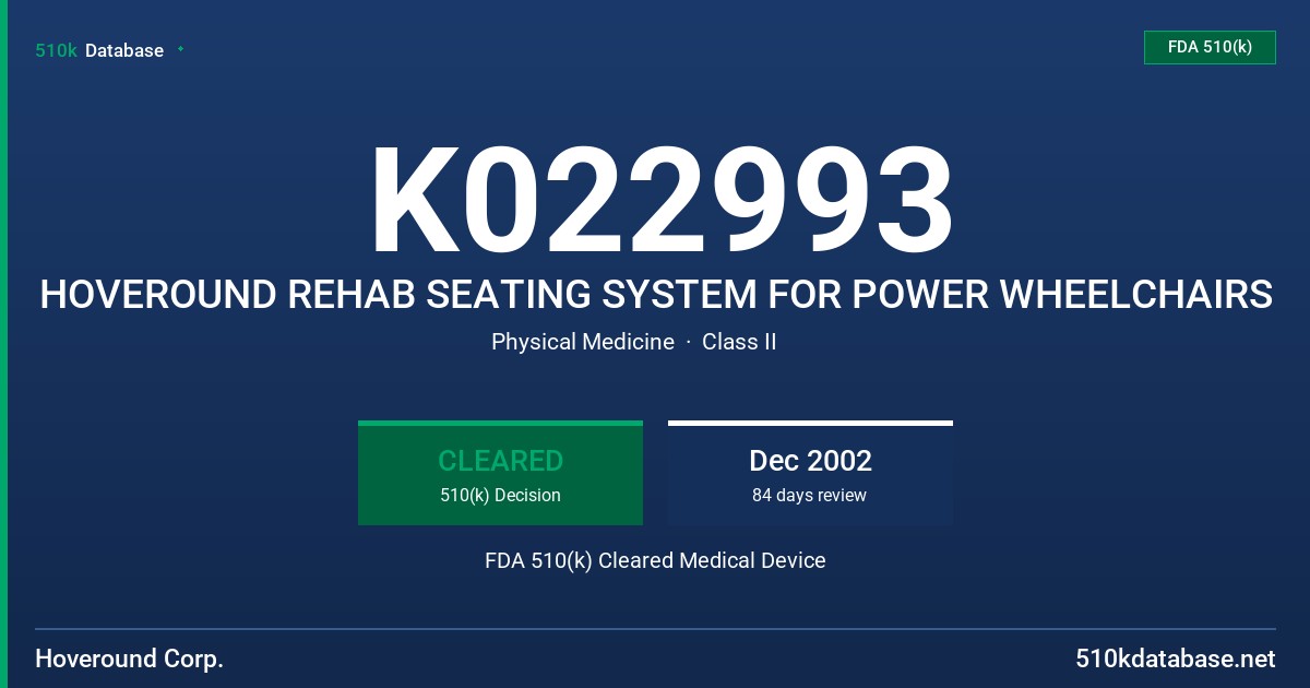K022993 HOVEROUND REHAB SEATING SYSTEM FOR POWER WHEELCHAIRS FDA 510(k) Cleared Medical Device
